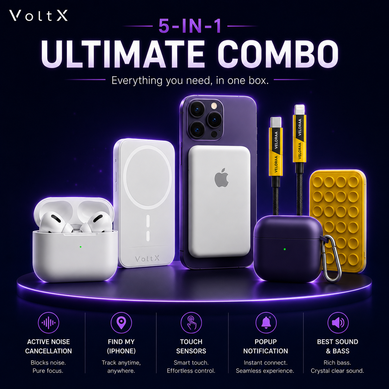 Ultimate Combo Pack | VPods Pro 2 ANC Earbuds + 5000mAh MagSafe Powerbank + 4-in-1 Fast Charging Cable + Silicone Case + Sticky Pod